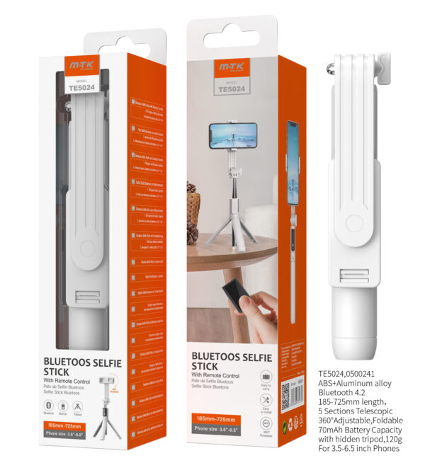 Palo Selfie TE5024 BL Palo Selfie Tripode flexible 360  Bluetooth  Para movil 3.5-6.5 Pulgadas,Blanco