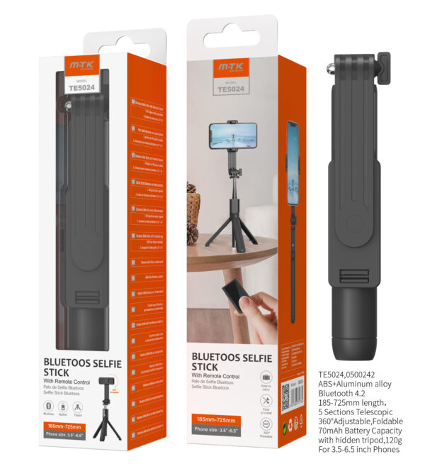Palo Selfie TE5024 NE Palo Selfie Tripode flexible 360 Bluetooth  Para movil 3.5-6.5 Pulgadas,Negro