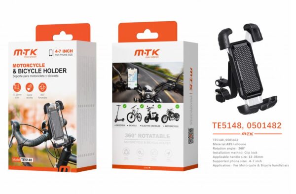 Soporte Movil Bicicleta, Moto, Patinete TE5148 NE Luxury Soporte Universal de movil para bicicleta y moto , 360? Rotacion, 4-7 Pulgadas , Negro