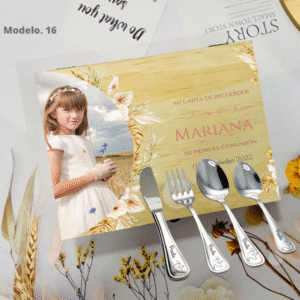 Caja Madera de Cubiertos Personalizada Comunión con Bolsa de Tela Rafia