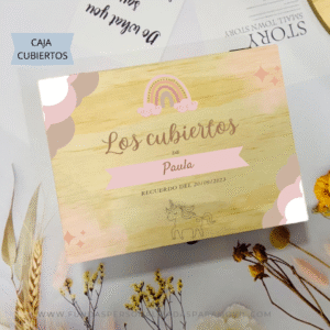 Caja Madera de Cubiertos Personalizada para Niños con Bolsa de Tela Rafia
