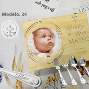 Caja Madera de Cubiertos Personalizada Bautizo con Bolsa de Tela Rafia